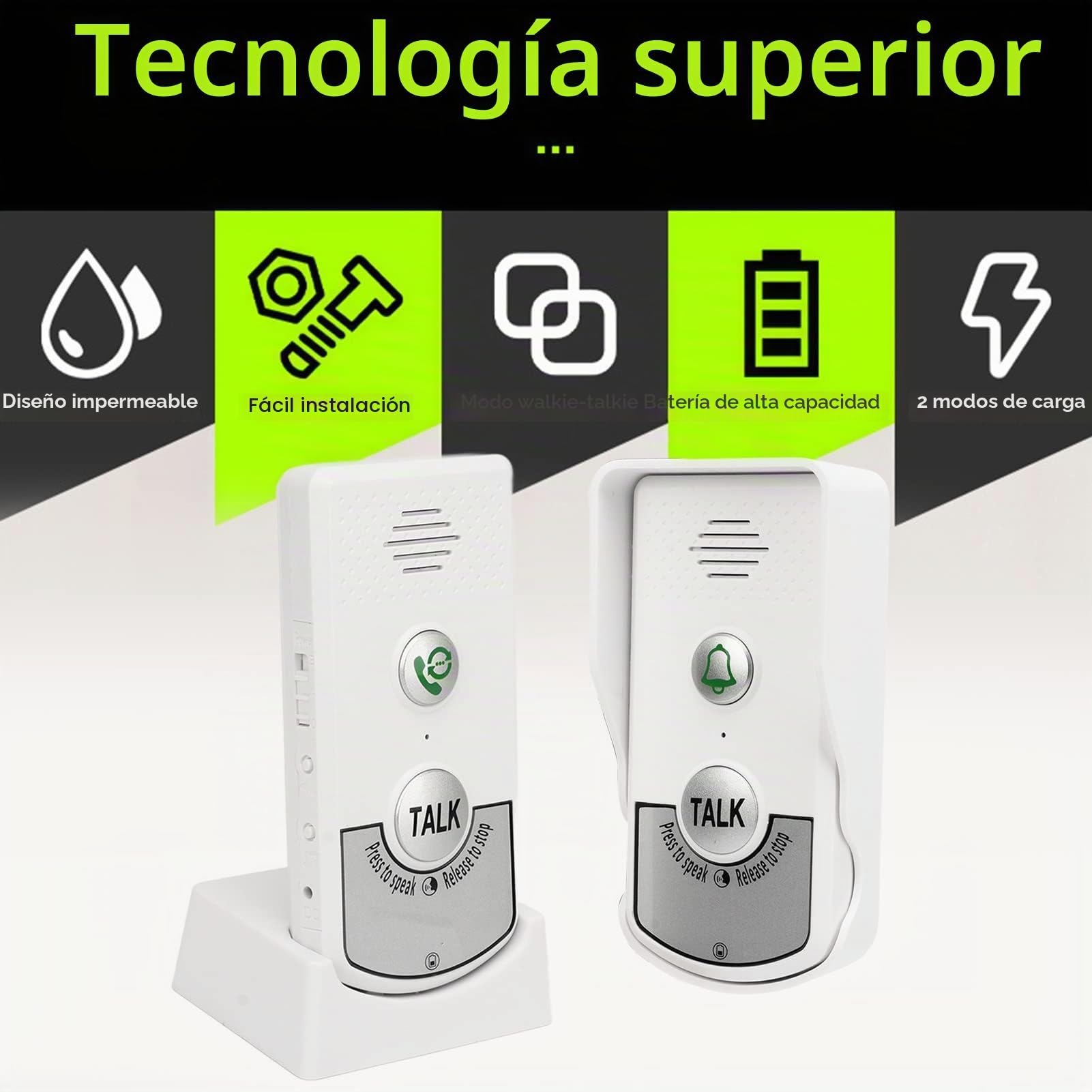 Timbres Intercomunicadores Inalámbricos 1000m Distancia con 1 Timbre Exterior y 2 Timbres Interiores Timbres Intercomunicadores Vocales Inteligentes 2000mAh IP54 para Casas Fábricas