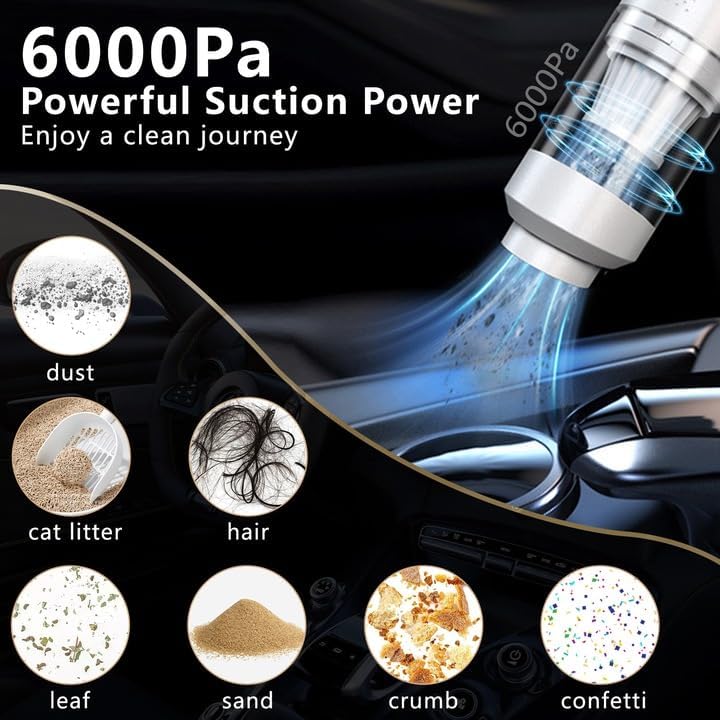 Image of Wireless Car Vacuum Cleaner 2 in 1 - Portable and Handheld High Power Rechargeable Vacuum Cleaner for Car for Wet and Dry CarCleaning 2 in 1 DC 12V, 120W 5.5 KPA with HEPA Filter(White)