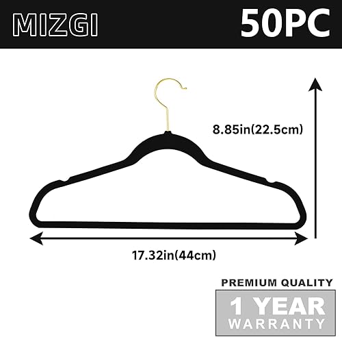Miniatura 6 de MIZGI Paquete de 50 perchas de terciopelo de alta calidad, antideslizantes, delgadas, perchas de terciopelo para trajes, color negro, ganchos