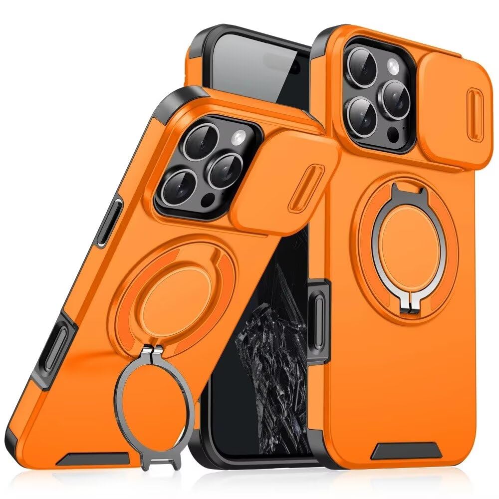 Heavy Dtuy Series Designed for iPhone 13 Pro Max Case,Rugged 360 Rotatable Ring with Invisible Holder Stand,Slide Camera Cover&Military Grade Protection,Orange
