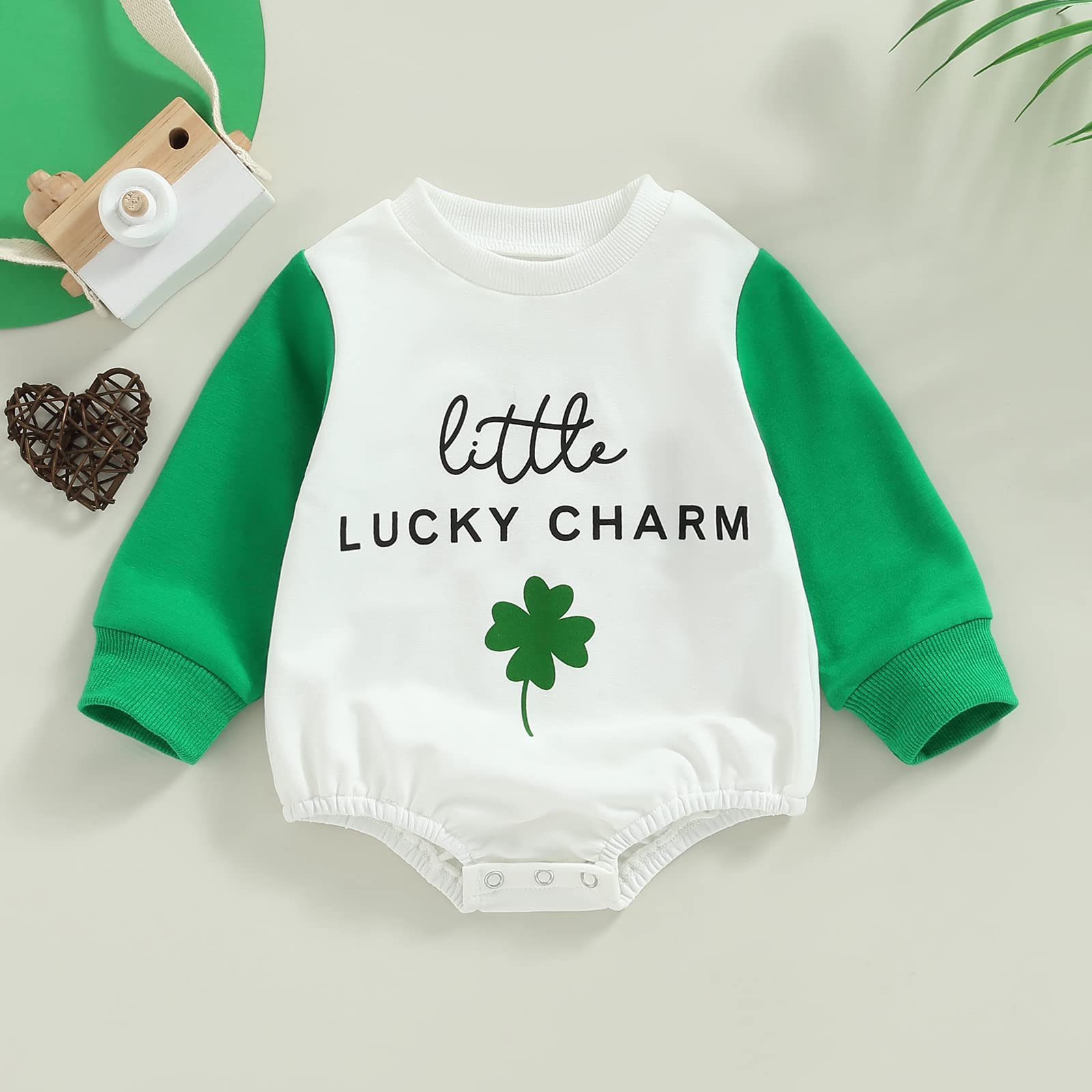 LouVasabuce Toddler Baby Boy Girl St. Patrick's Day Romper Long Sleeve Clover Print Sweatshirt Crewneck Bodysuit Fall Winter Clothes (Green, 3-6 Months)