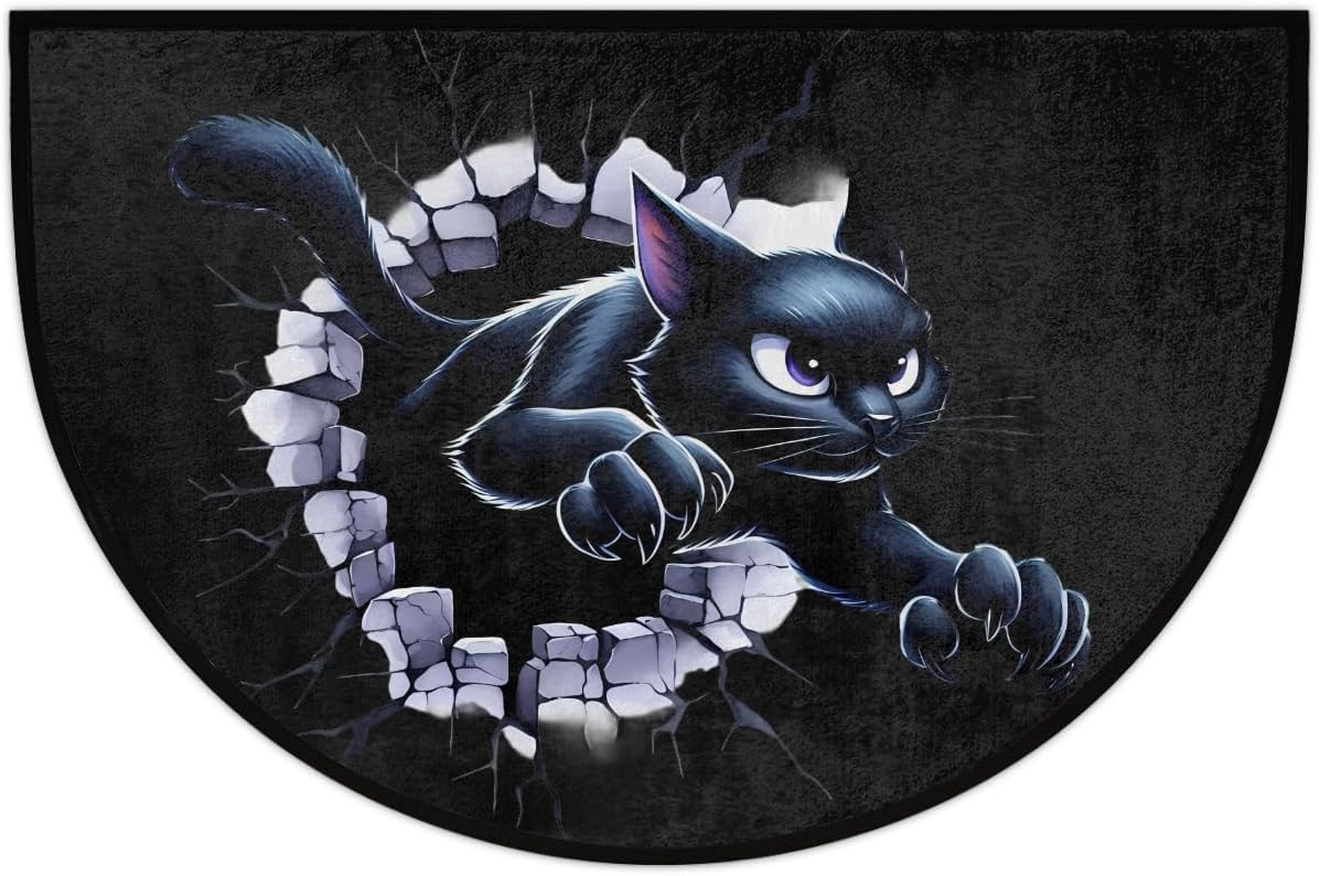 Half Round Doormat Funny Animal Black Cat Washable Semi Circle Mat Non Slip Absorbent Half Moon Rugs for Indoor Outdoor Entrance Kitchen Bathroom Bedroom Patio Fireplace Floor Carpet Decor