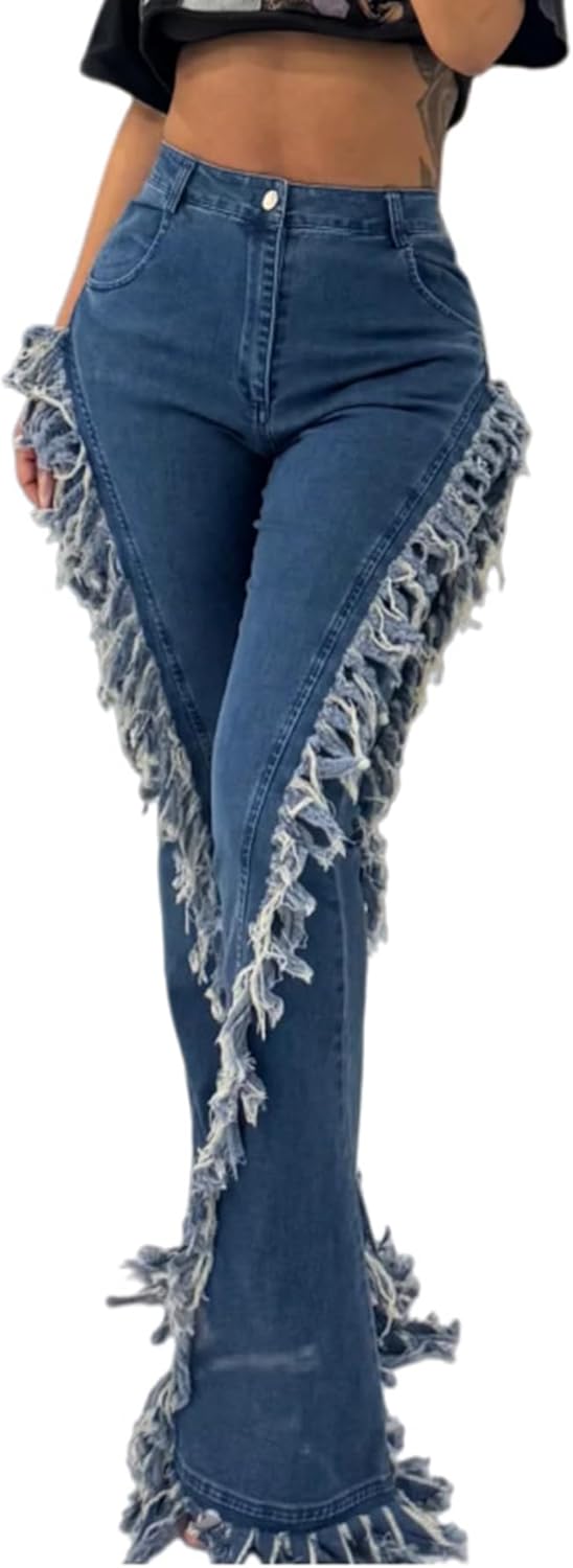 Tbahhir Women Flare Jeans wtih Distressed Fringes High Waisted Patchwork Denim Pants Frayed Bell Bottom Skinny Stretch