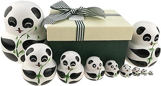 Set of 10 Big-Belly Wooden Handmade Panda Bear with Bamboo Nesting Dolls Matryoshka Russian Doll in a Box with Bow for Kid...
