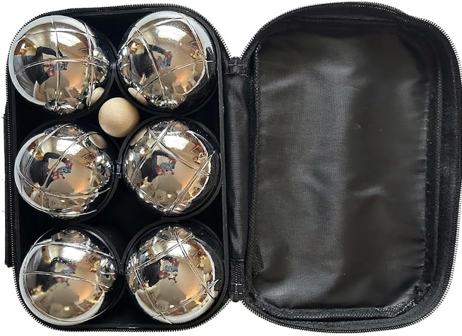 BuyBocceBalls Listing - 73mm Metal Bocce/Petanque Set with 6 Silver Balls and Green Bag - Single