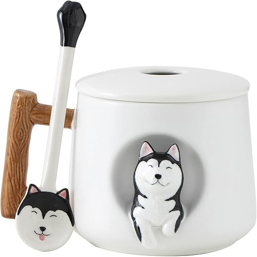 Miniatura 28 de DIHOclub Taza de café de cerámica con tapa y cuchara a juego, taza con diseño de husky 3D para jugo de té, leche y chocolate, bonita taza