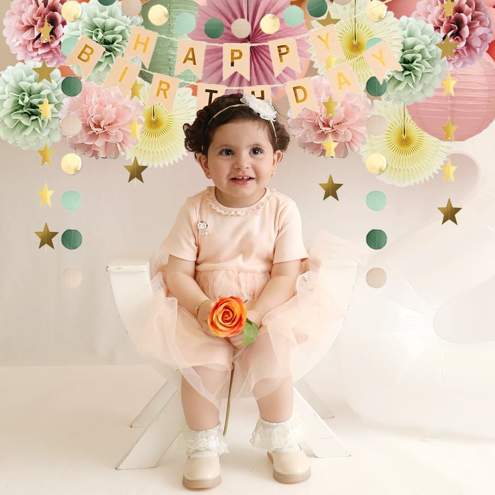 Sage Green Blush Pink Birthday Decorations Boho Pastel Yellow Sage Green and Dusty Pink Birthday Party Decorations for Women Girls with Dusty Rose Poms Fans Lanterns Banner Beige and Gold