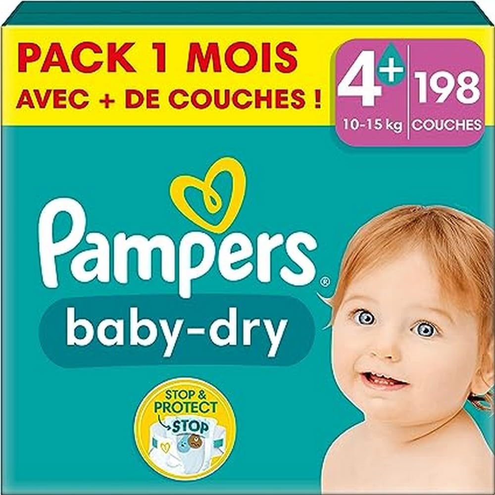 Pampers Nappies Size 4+ (10-15 kg) Baby-Dry, Maxi Plus, Monthly Box, Up to 12 Hours All-Round Leak Protection, Pack of 198