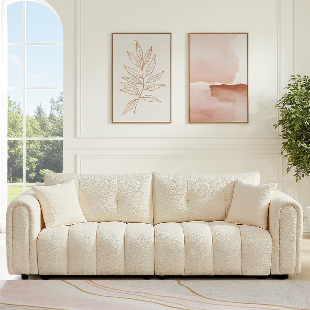 91.5" Mid-Century Modern Cloud Sofas, Comfy Boucle Couch with Rolled Arms and Soft Pillows, Upholstered Sherpa Loveseat Soafs for Living Room,