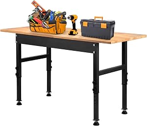 Table de travail réglable de 48 po, grande table de travail en bois caoutchouc de 48 x 24 po——capacité de charge de 2000 lbs, station de travail en acier robuste pour garage, atelier, maison, bureau, assemblage facile
