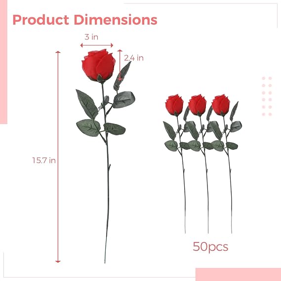 50 PCS Artificial Red Roses, Fabric Faux Rose Bulk with Cloth Leaves and Bendable Stems, Fake Rose Flowers for Wedding Centerpieces Bridal Bouquets DIY Decor Home Party Decoration