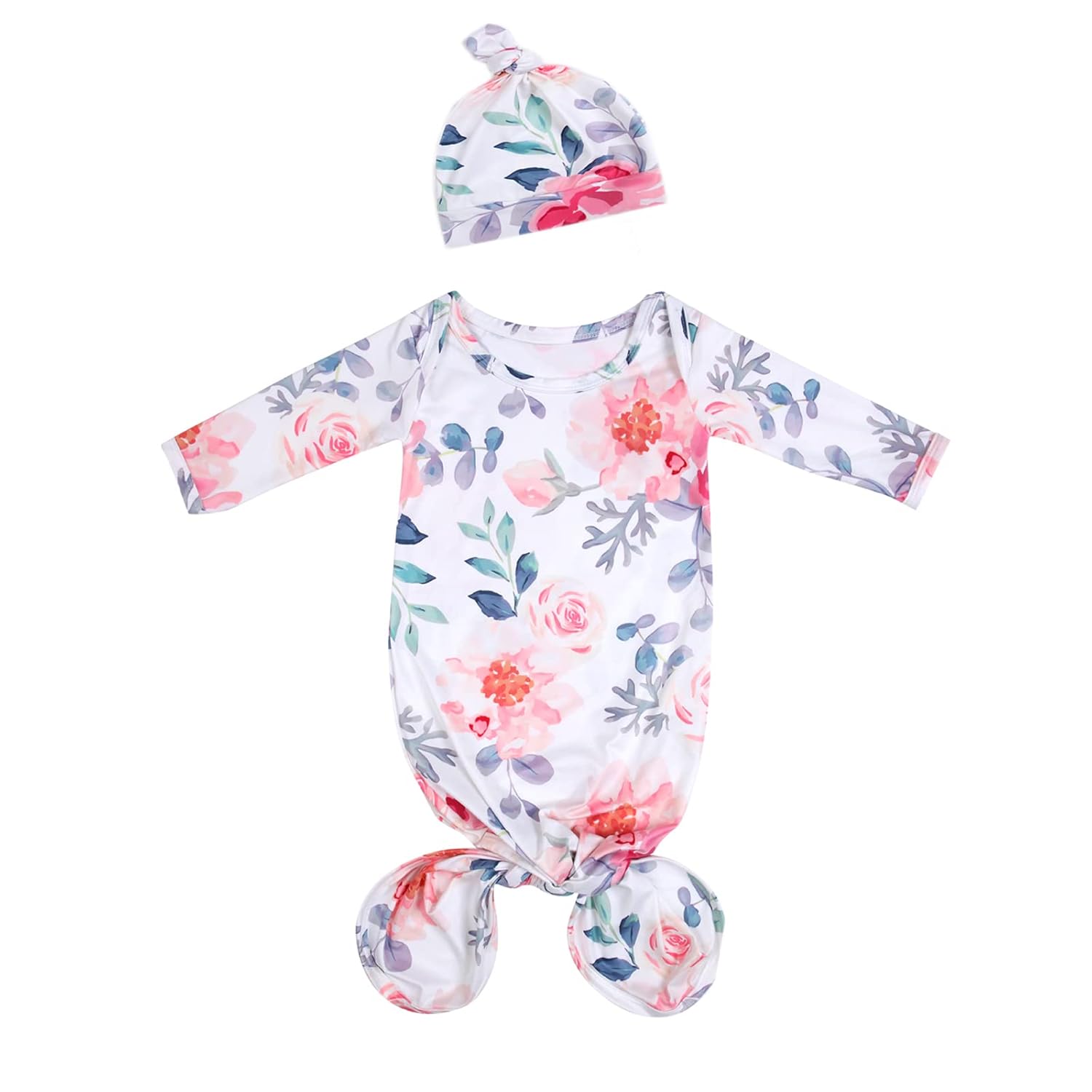 MVUOCR Newborn Baby Girl's Knotted Gowns Floral Baby Sleeper Infant Nightgowns Gift and Soft Coming Home Outfit with Hat