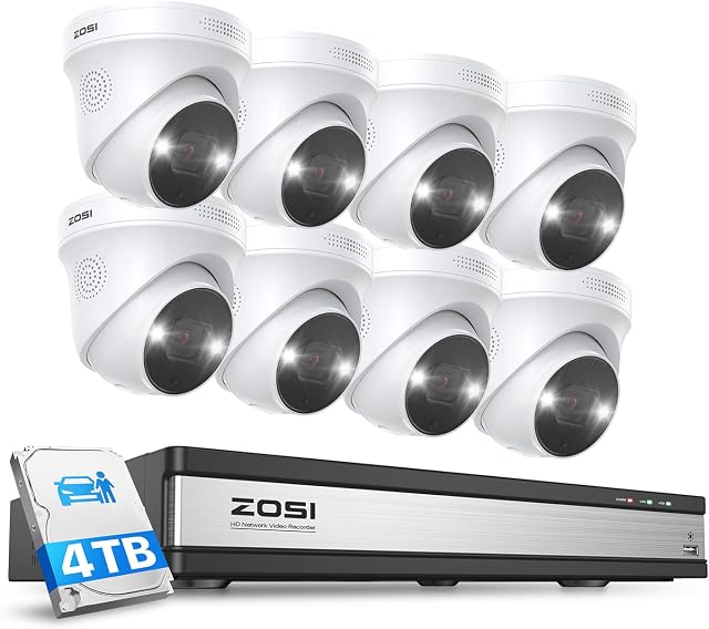 ZOSI 16CH 4K PoE Security Camera System with Person Vehicle Detection,8pcs 5MP Indoor Outdoor PoE IP Cameras,2-Way Audio,Color Night Vision,16CH 4K NVR Recorder with 4TB HDD for 24/7 Recording