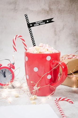 Miniatura 5 de Hying 24 popotes de papel desechables para Año Nuevo, pajitas de papel desechables con rayas blancas y negras con recortes de Año Nuevo, pajitas de