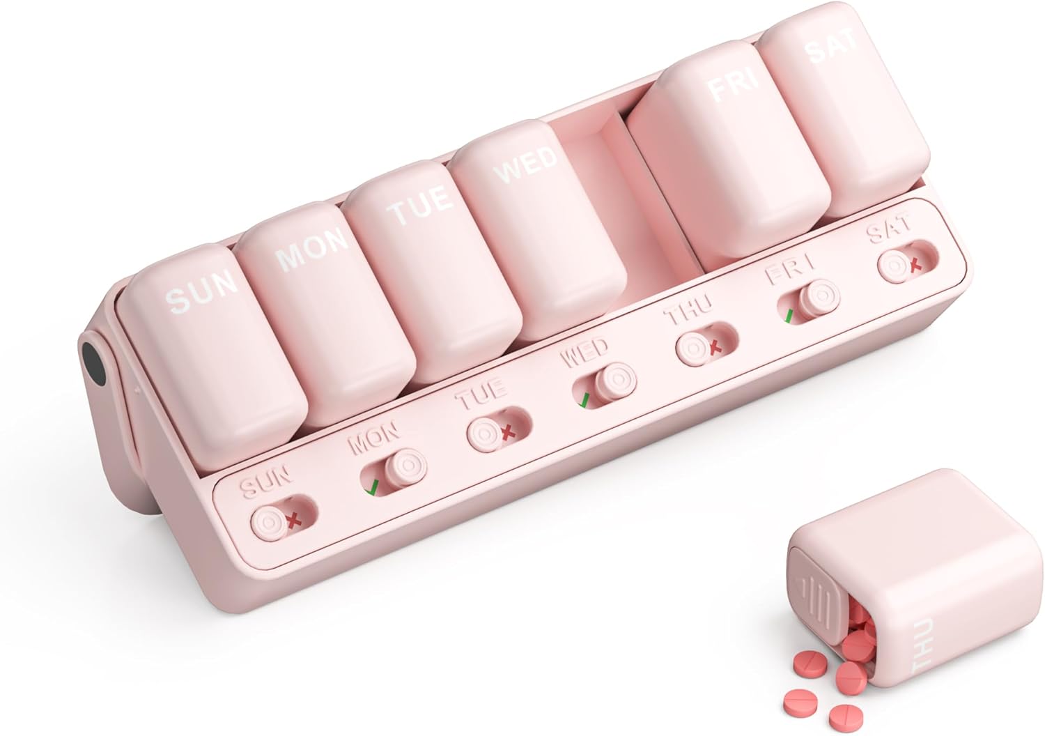 Restree Weekly Pill Organizer – One Time a Day, 7 Day Travel Pill Case, Daily Medicine Organizer, Portable Pill Box for Vitamins Fish Oil/Supplements Medication Reminder & Sliding Lid Design (Pink)