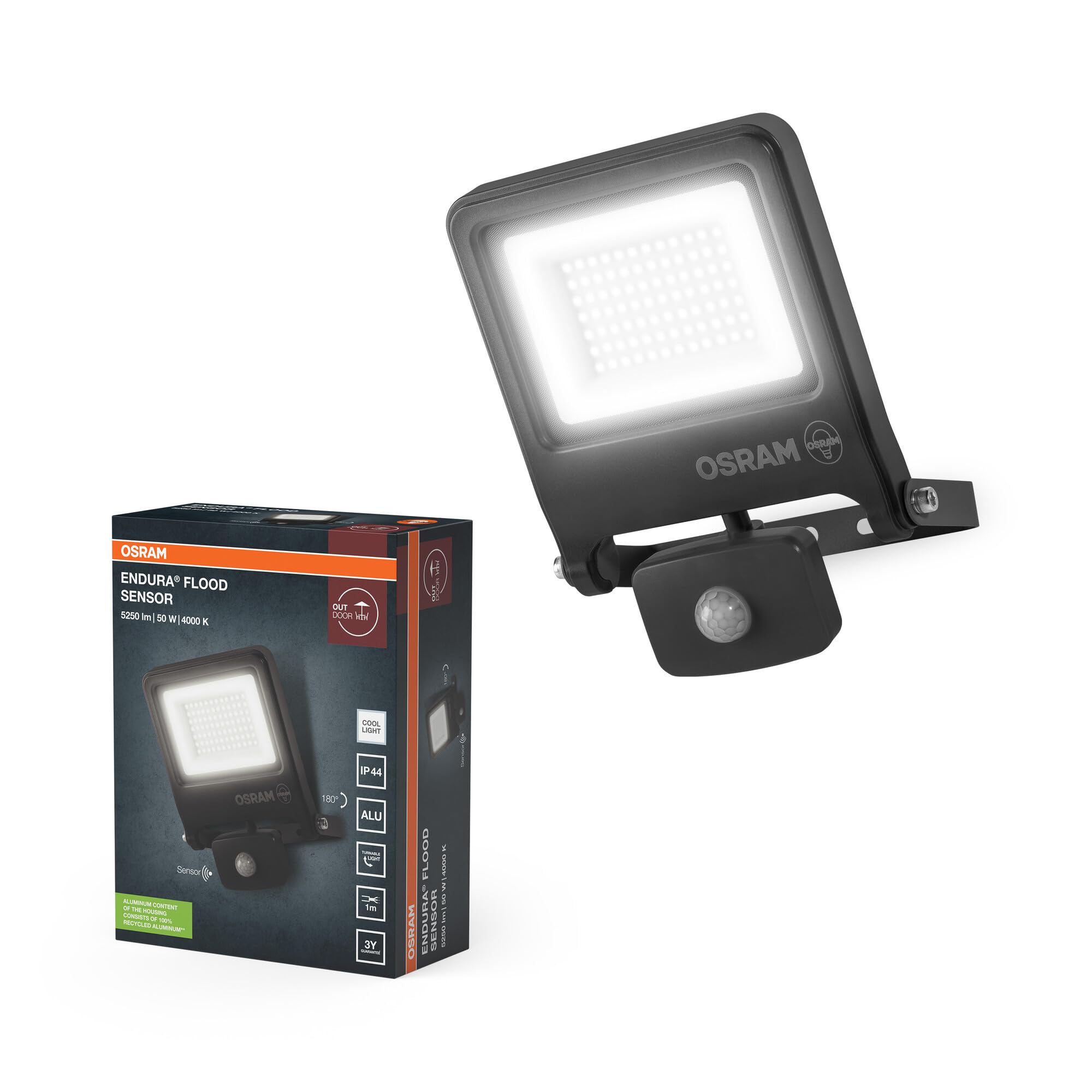 Osram Outdoor LED Floodlight with Endura Flood Sensor, 50W, 5000lm, 4000K Cool White, Motion Sensor 9m, Aluminium, IP65