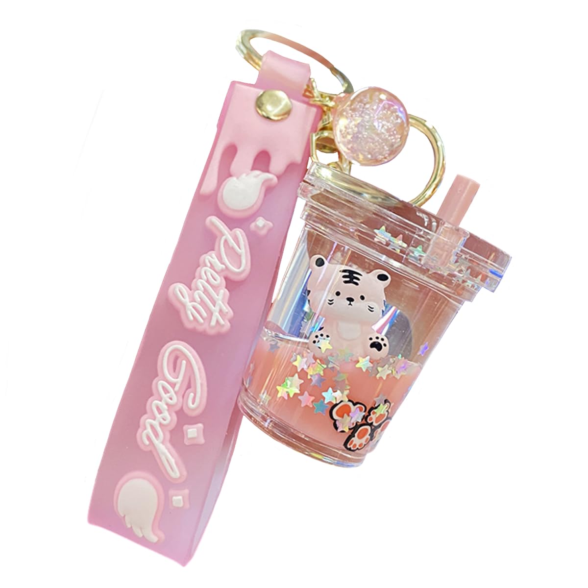 ZDHC Creative Milk Tea Floating Tiger Keychain Cute Kawaii Liquid Quicksand Animal Keyring Bag Car Keys Pendant for Men