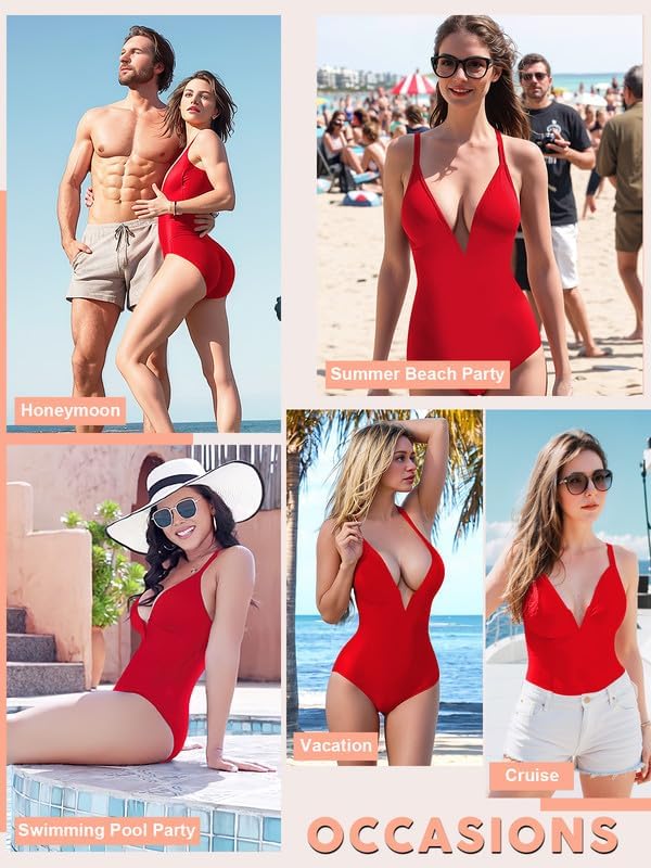 SHAPERIN Women Swimsuit One Piece Bathing Suits Tummy Control Sexy Deep V Neck Padded Push Up Swimwear Monokini - Image 6