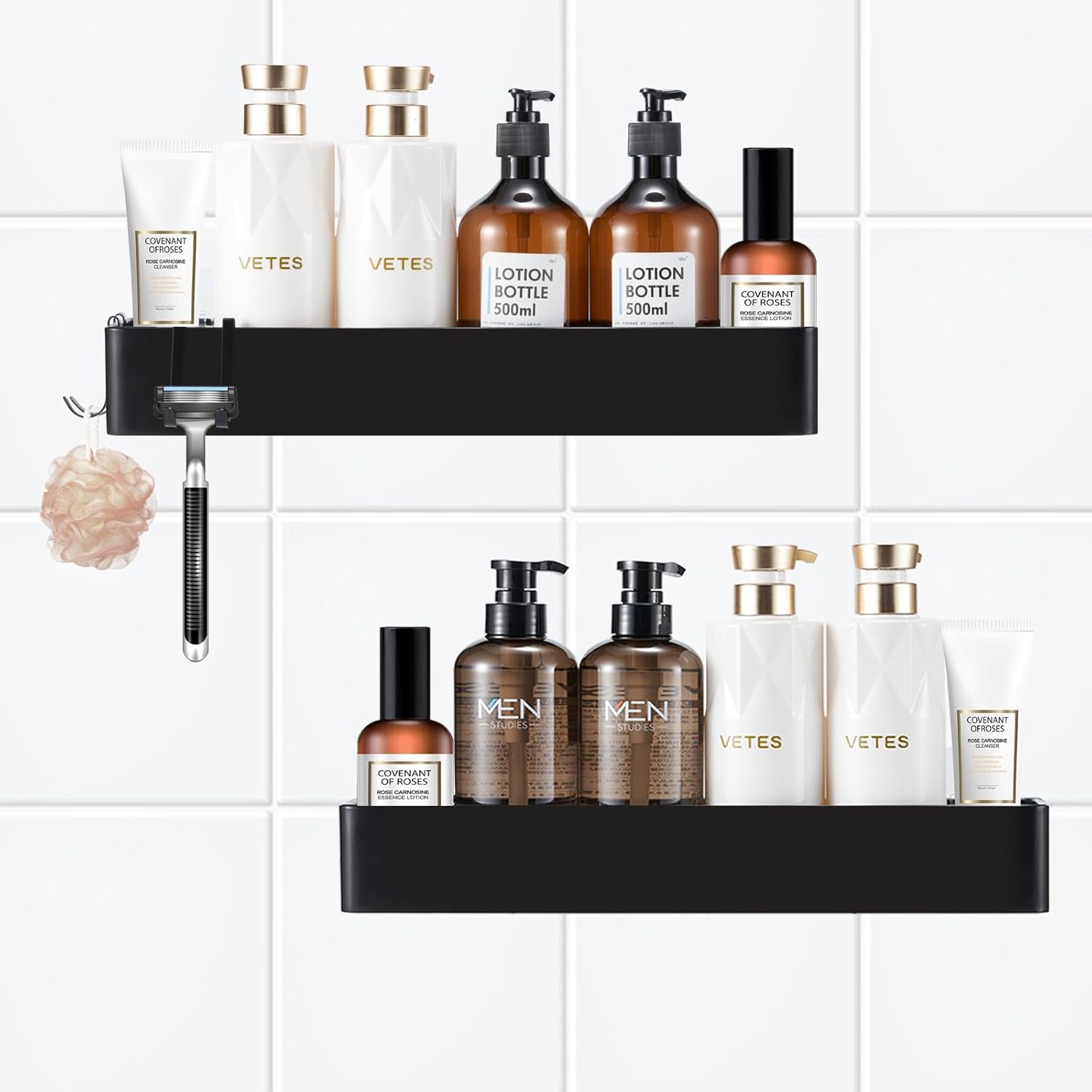 Shower Caddy 2 Pack, Self Adhesive Shower Shelf, No Drilling Bathroom Shower Organizer with