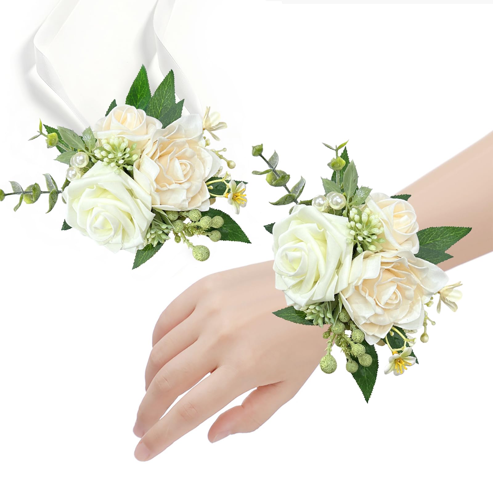 Corpetto da polso con rosa avorio per matrimonio (set di 6), braccialetto da polso bianco con fiore da sposa per ragazze, donne, madre della sposa e dello sposo