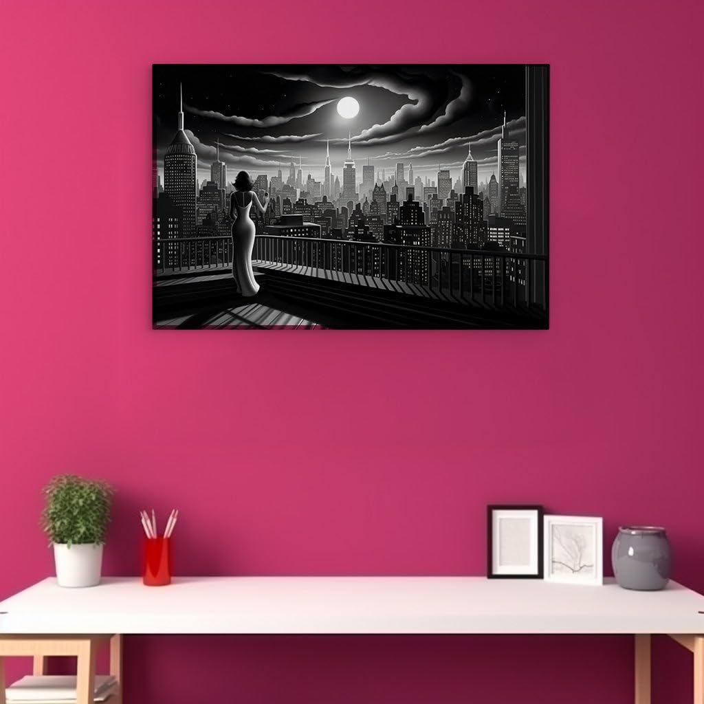 Canvas for Living room. Capturing Moonlit Dreams Above the Metropolitan Whisper, 27 x 18 inch Canvas Wall Art - Contemporary Masterpieces - Inspirational Office Decor