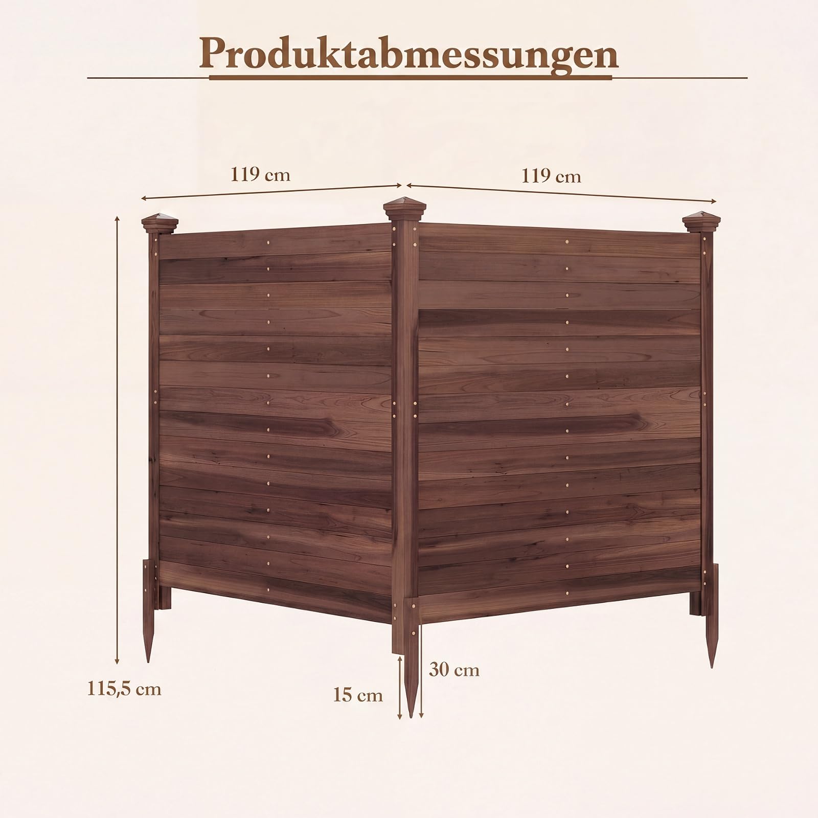 COSTWAY Gartenzaun 2-teilig, 119 x 119 cm, Tannenholz, Zaun mit 3 Pfosten, dekorativer Sichtschutzzaun, Holzzaun für Klimaanlagen Mülltonnen, freistehender Steckzaun für Garten Outdoor (Braun)