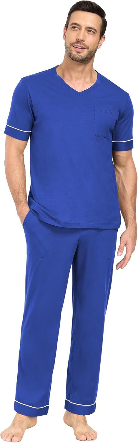 EA'S SECRET Mens Pajamas Set Short Sleeve Sleepwear 100% Cotton Nightwear Soft Comfy Pjs Sleep Set With Pocket - Image 4