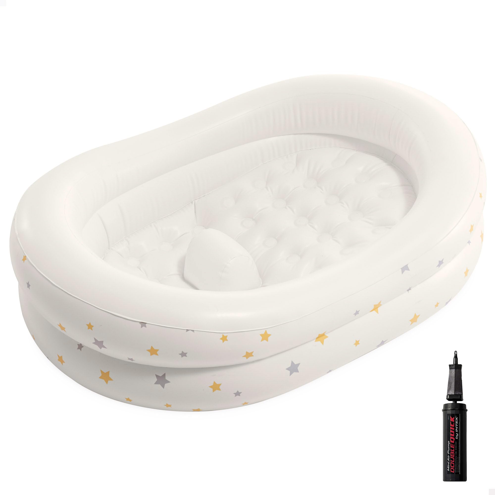 Intex Bañera bebé hinchable, Mide 66x89x25 cm, Superficie acolchada y suave, Incluye hinchador, Parche reparación, Conector de drenaje, Piscinas desmontables para niños (48523)