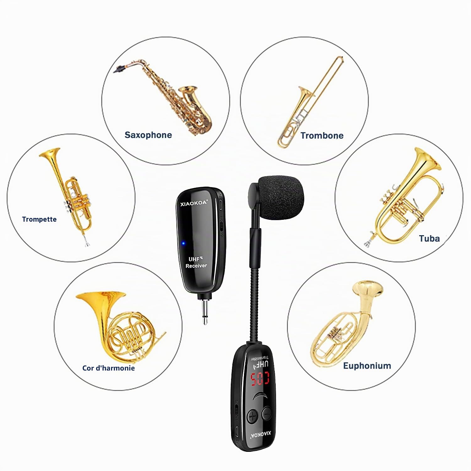Microphone sans Fil pour Saxophone, Microphone Wireless UHF pour Instruments de Musique, Récepteur et émetteur sans Fil pour Saxophone/Trompette/Trombone/Clarinette