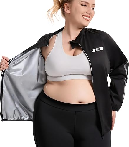 NINGMI Sauna Jackets Women Plus Size Sweat Suit Zipper Sauna Shirt Long Sleeve Body Shaper Gym Exercise Top with 1XL-5XL