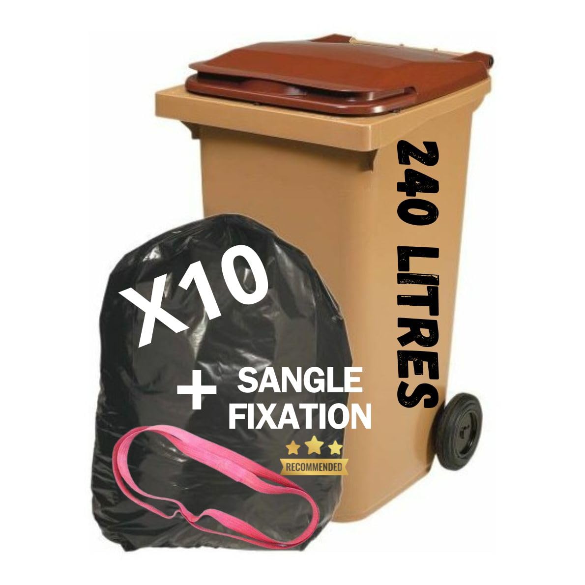 Lot de 10 Sacs Poubelle 240L [ Doublures de Container 2 Roues + Sangle de Fixation | Anti Salissures - Anti Odeur | Résistant - Anti Fuites | Fabriqué en Europe (240 LITRES)