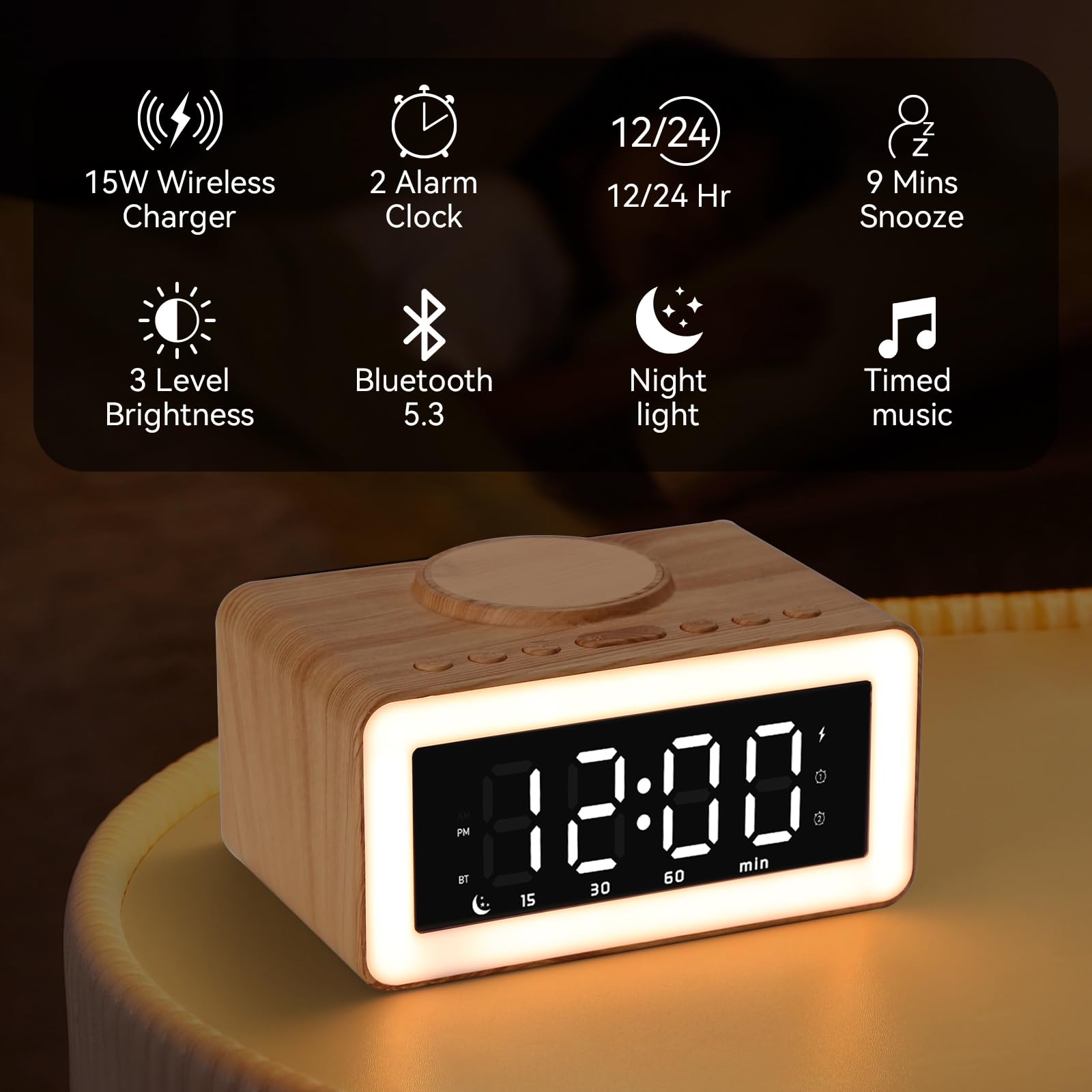 Keweiwo Bluetooth Alarm Clocks with Wireless Charging, 0-100% Dimmer LED Night Light, 2 Alarm Settings, 12/24H, 9 Mins Snooze, Wooden Digital Alarm Clock for Bedrooms, Office, Travel (Wood Grain)