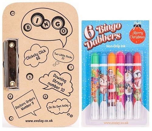 evelay Christmas Bingo Set with Board & 6 Colourful Dabbers - Game Night, Fundraisers, Party or Club Use - Durable Ink Markers
