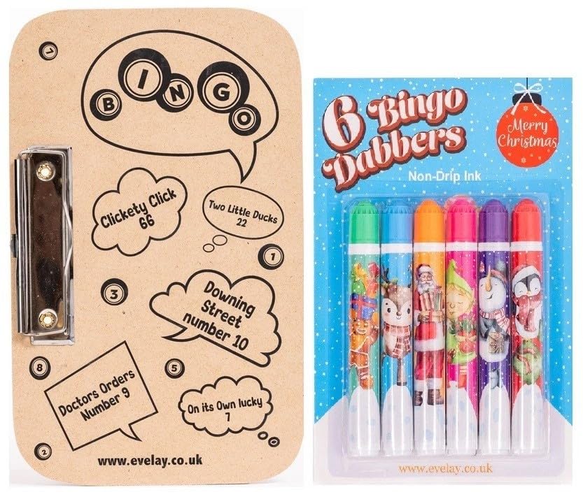 evelay Christmas Bingo Set with Board & 6 Colourful Dabbers - Family Game Night, Fundraisers, Party or Club Use - Durable Ink Markers