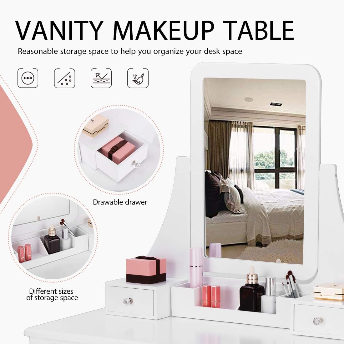 VIVOHOME Makeup Vanity Set with 5 Drawers and 1 Removable Organizer, Dressing Table with 360° Rotating Mirror and Cushioned Stool, White