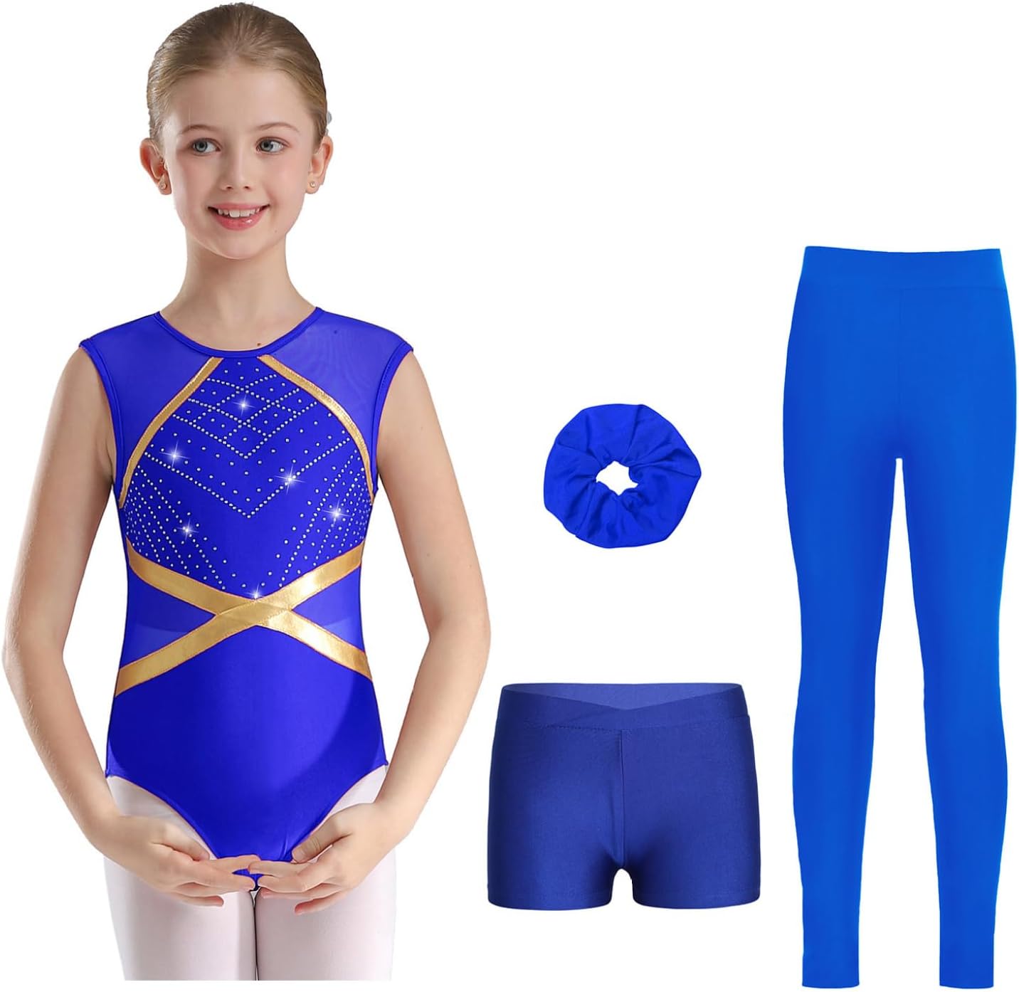 Kids Girls 4 Piece Gymnastics Set Sleeveless Leotards with Shorts Leggings Hairband Ballet Skating Dance Outfits