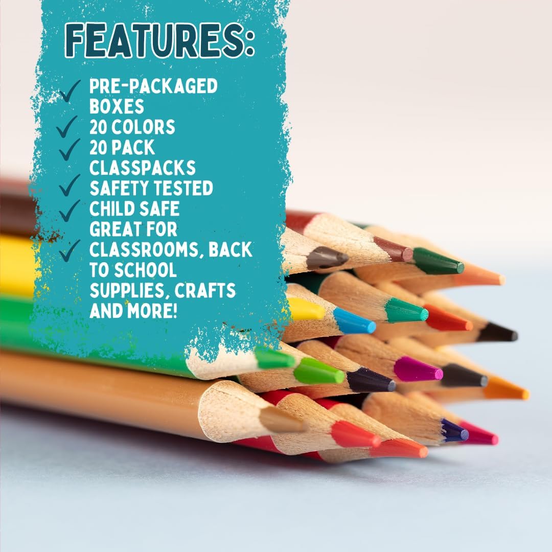 Bulk Colored Pencil Boxes- 20 Colors per Set, 20 Packs (400 count)- Pre-Sharpened, Non-Toxic & Child Safe, Teachers School Classroom Essentials, Art Supplies for Kids, Students, Restaurants, Preschool