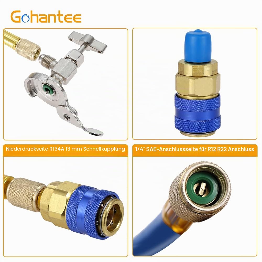 gohanee R134A Klimaanlage Kältemittel Aufladeschlauch, Auto Nachfüll Messschlauch Kältemittel Schnellkupplung 1/4 Stecker Anschluss-Kit und BPV31 Piercingventil für Klimaanlage