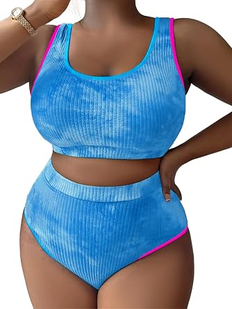 ShawGobow Plus Size High Waisted Bikini,Tie Dye Color Block Ribbed Swimsuit,2 Piece Bathing Suit for Curvy Women