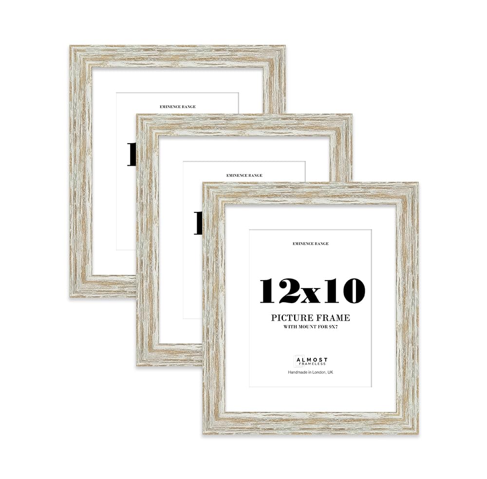 12x10" Distressed White Oak Picture Frame with 9x7" Mount - Barnwood Photo Frame with Distressed Finish, Wall Hooks and Kickstand, 32mm Edge - 3 Pack