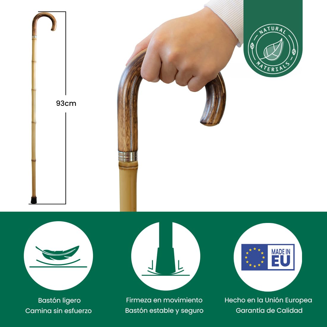Flexor Bastón de Bambú con Puño de Madera, Puntera de Goma Ø20 mm, Altura 91,5 cm, Tonos de Madera Natural, Bastón para Movilidad