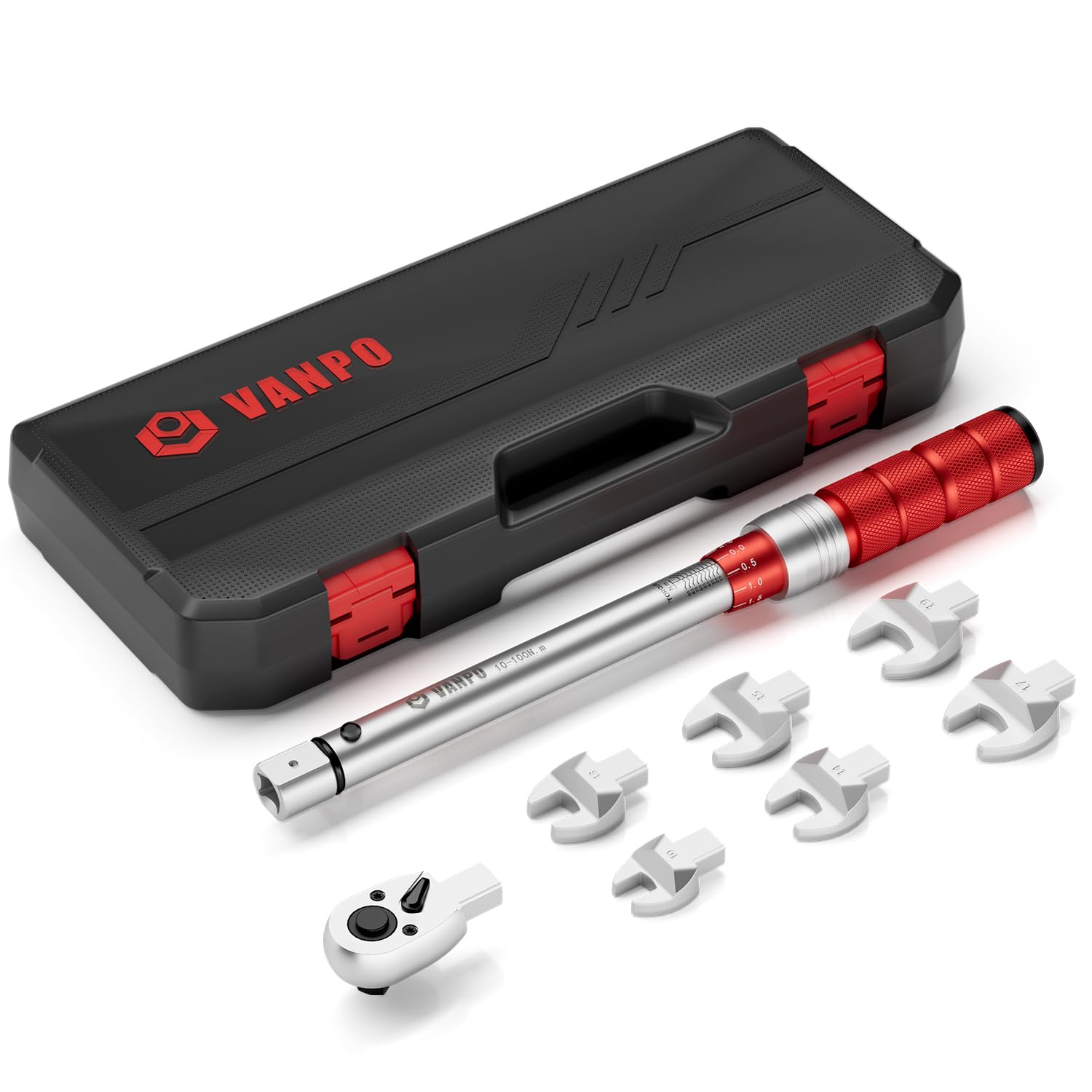VANPO Clé dynamométrique ouverte 10-100Nm, 9x12mm Clé Dynamométrique Interchangeable, Tête à Cliquet 3/8", 10/13/14/15/17/19mm Tête Extrémité Ouverte, pour Réparation de Climatisation