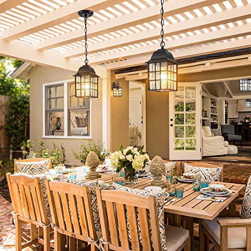 Vianis Outdoor Pendant Lights, Black Outdoor Lanterns For Front Porch Anti-Rust Aluminum, Outdoor Farmhouse Light Fixture, Gazebo Chandelier With Tempered Ripple Glass For Porch, Garage, Entryway #TOP2