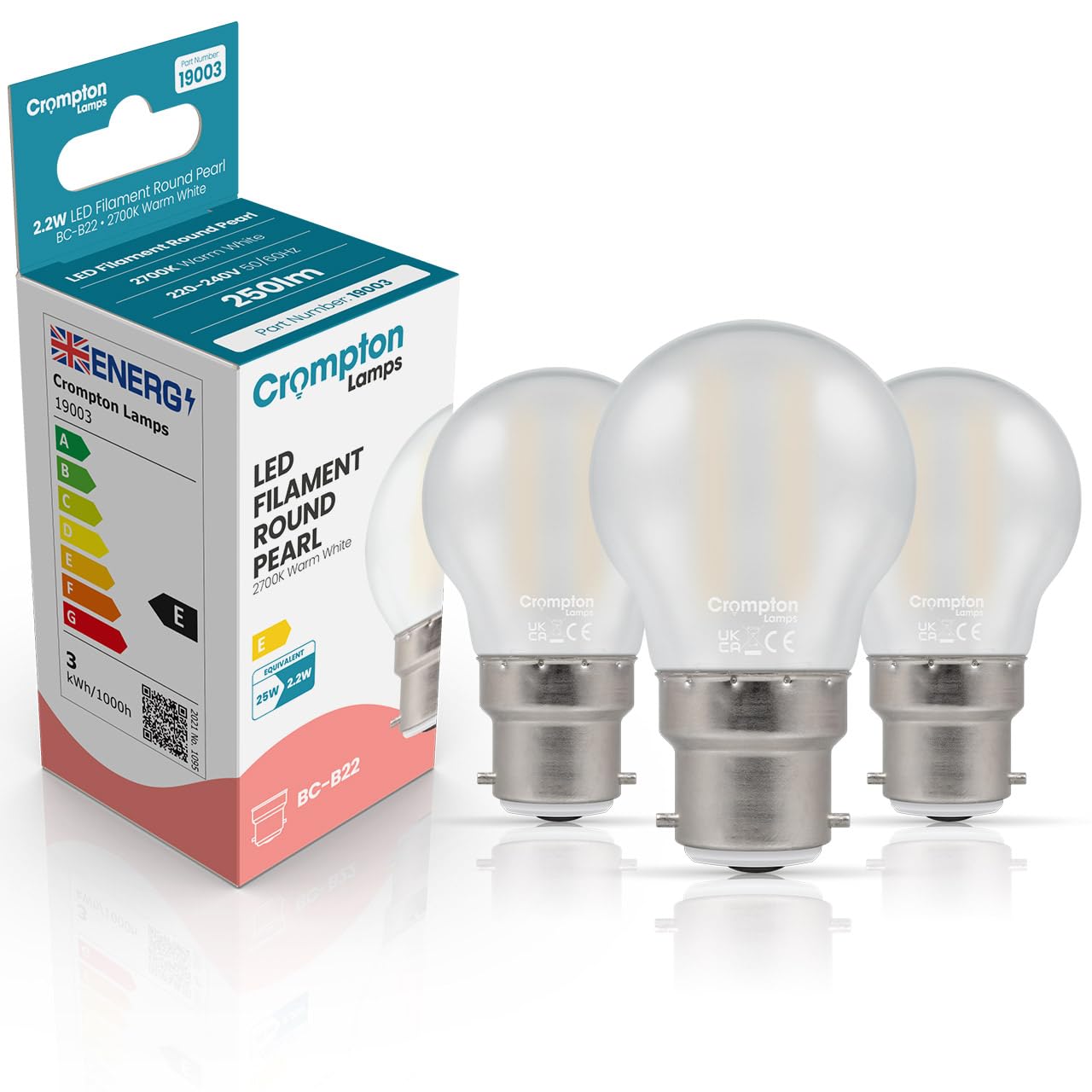 Crompton Lamps Filament Golfball LED Light Bulb BC-B22d | 2.2W = 25W Equivalent | Warm White 2700K | Energy Efficient | Bayonet Lightbulb | Long Life 15,000-Hrs | Pearl Glass | 3-Pack
