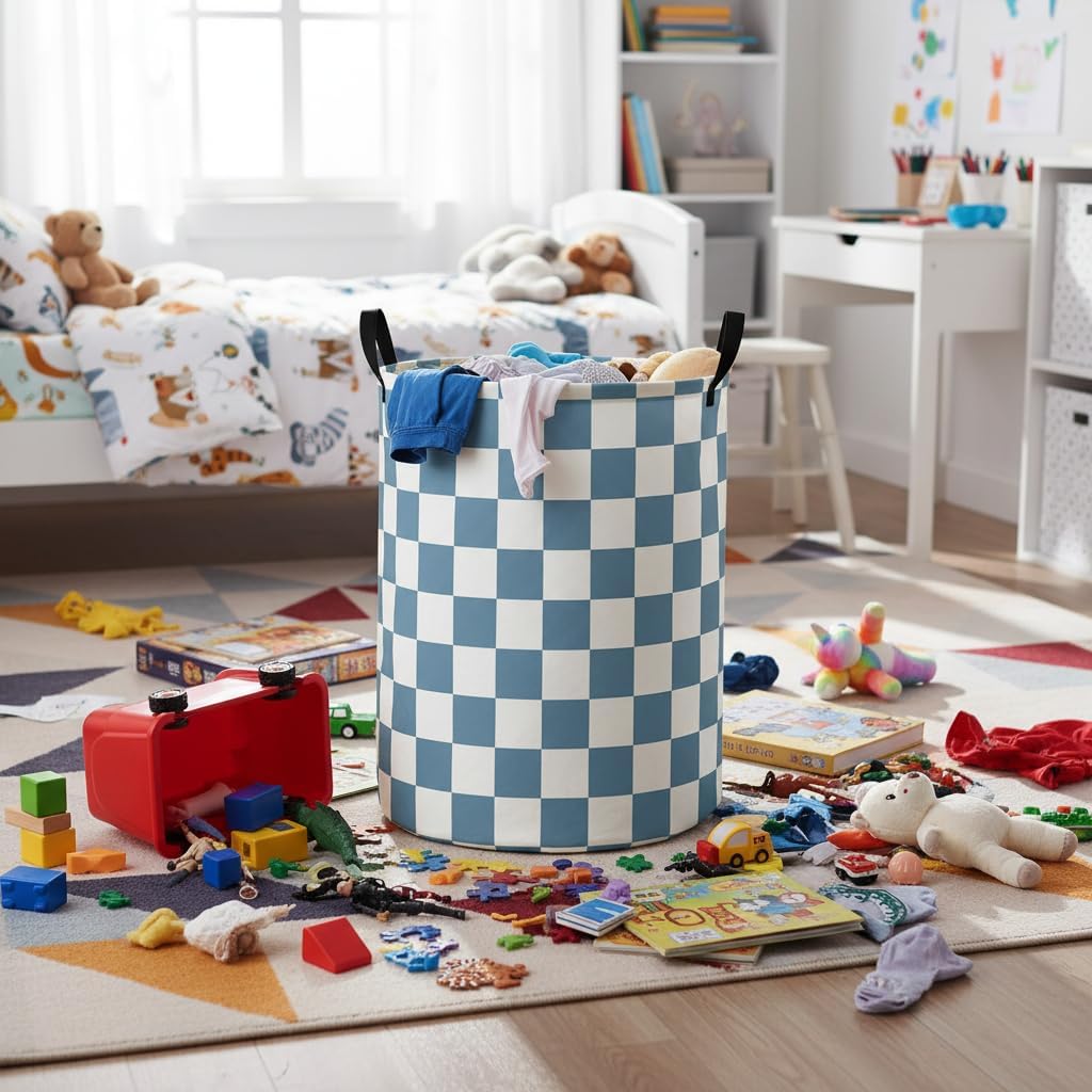 Baby Laundry Hamper Basket Baby Hamper for Nursery Boy and Girl Cute Storage Bin Organizer Boho Room Decor(Blue Checkered) image 4
