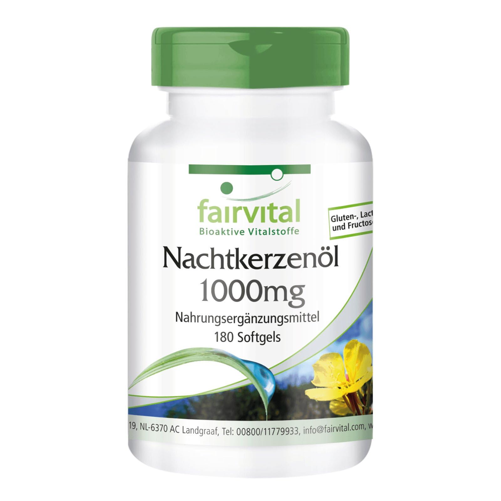 fairvital Nachtkerzenöl 1000 mg, 180 Softgels, Omega-6-Fettsäuren, 65% Linolsäure & 9% Gamma-Linolensäure, Für 1/2 Jahr, qualitätsgeprüft und hochdosiert
