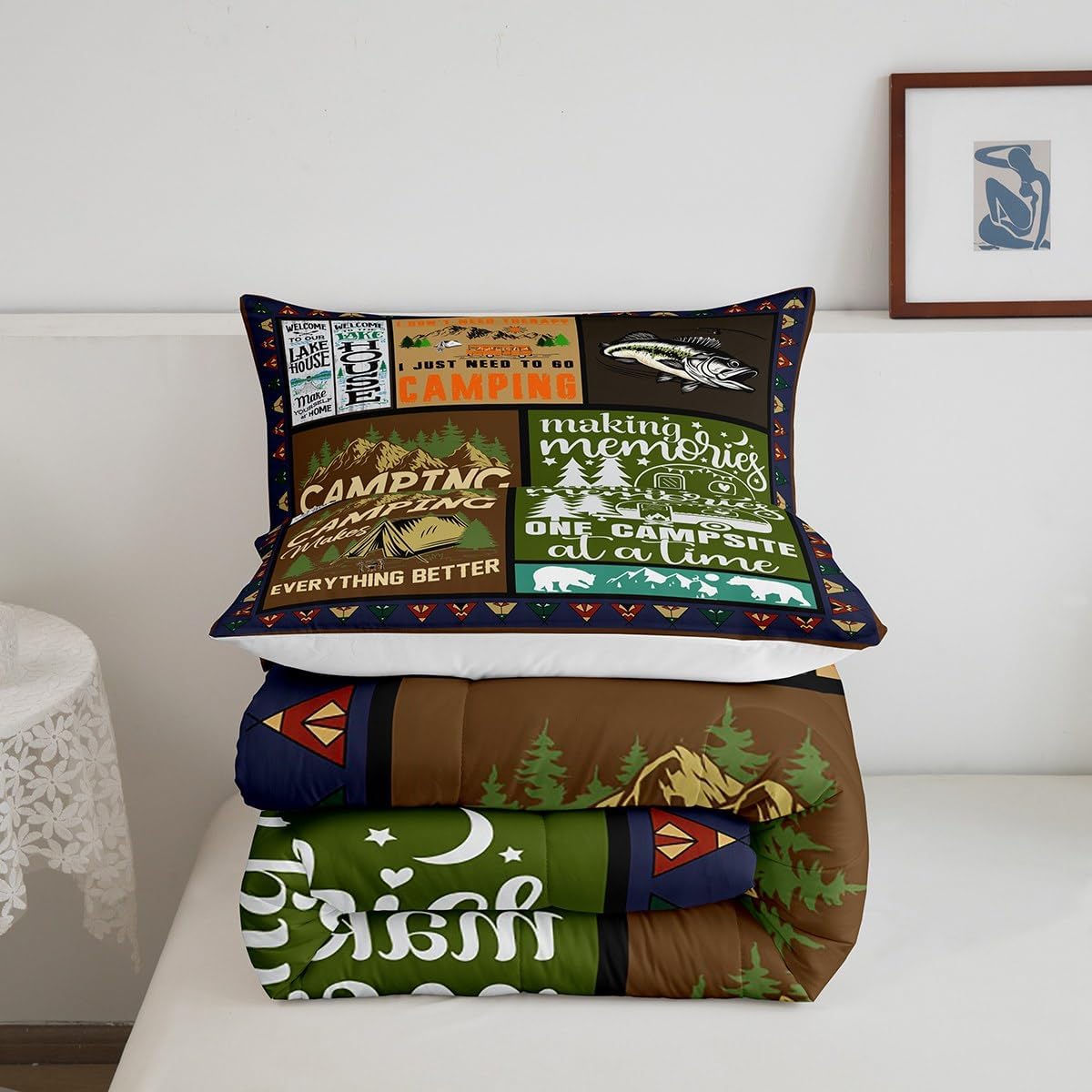 Kids Camping Bedding Set, Camper Rv Car Comforter Set for Kids Boys Girls Teens Bedroom, Farmhouse Woodland Bedding Comforter Sets, Pike Fish Fishing Quilt, Bear Hunting Theme Down Comforter, Queen
