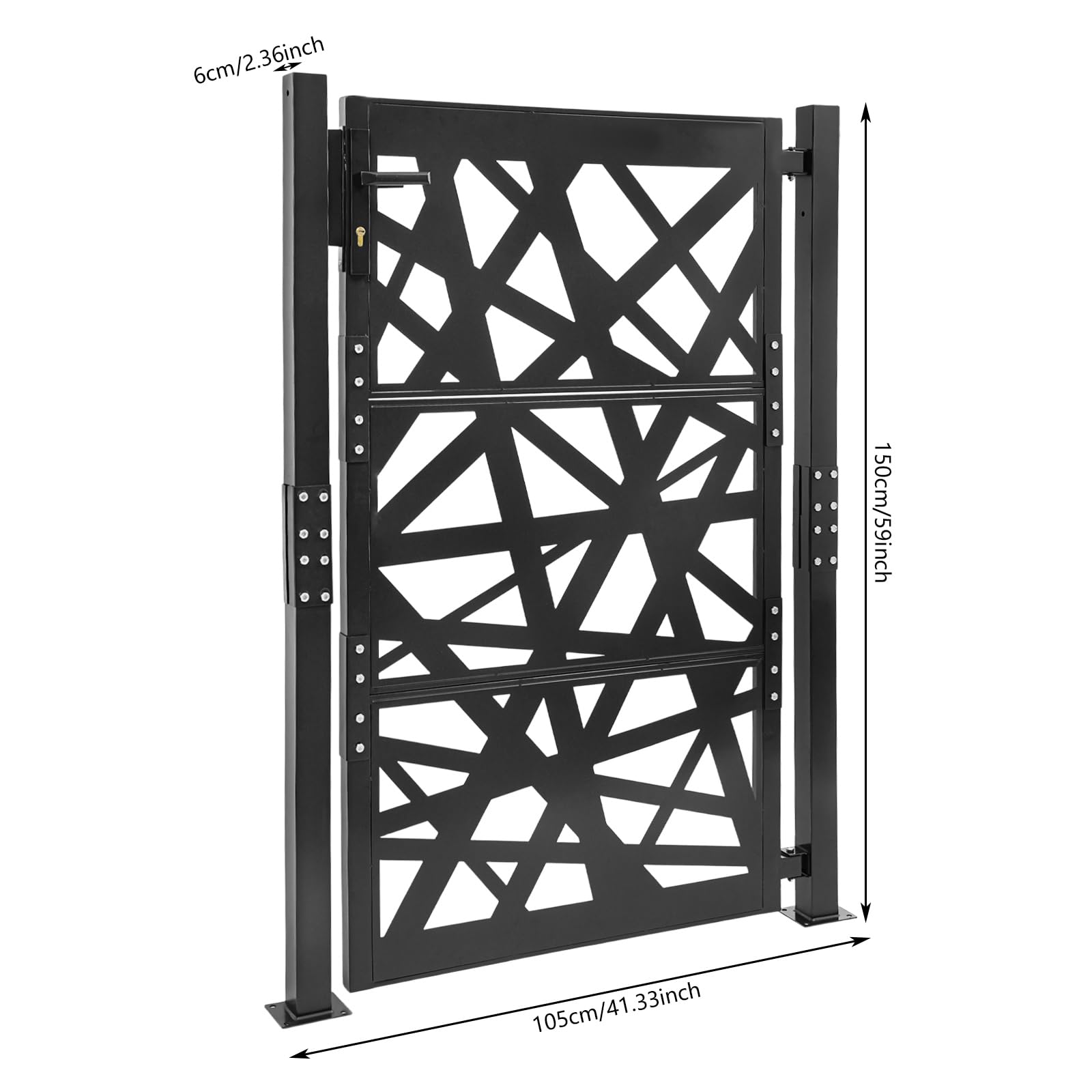 Moderna puerta de jardín de metal, 105 x 150 cm, con cerradura de seguridad, apertura de 180°, para terraza, jardín, almacén en marrón, negro y blanco, para patio y como protección visual