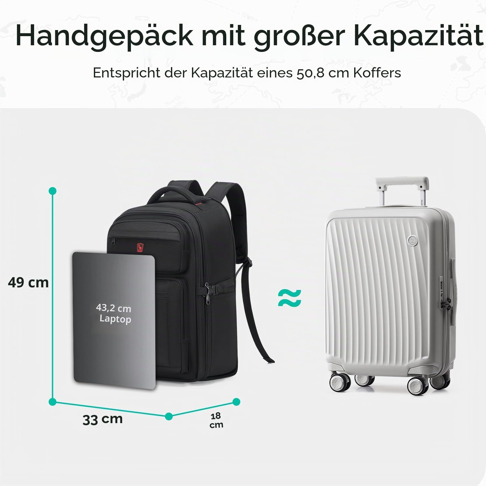 OIWAS Rucksack mit Rollen, 43,9 cm (17,3 Zoll) Roll-Laptop-Rucksack, 36 l Rollen, Untersitz-Kabinentasche für Reisen, Business, Schule, Fluggenehmigt, Easyjet-Rucksack für Herren, Schwarz, All-Black,