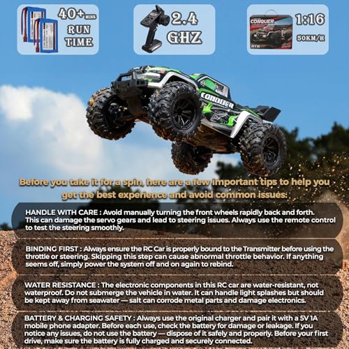 Image of RC Cars 1:16 Scale Remote Control Car 50 KMH High Speed Fast 4WD RC Truck for Kids Adults Boys 2.4 GHz All Terrains RC Buggy Off-Road RC Monster Trucks with 2 Rechargeable Batteries (Red)
